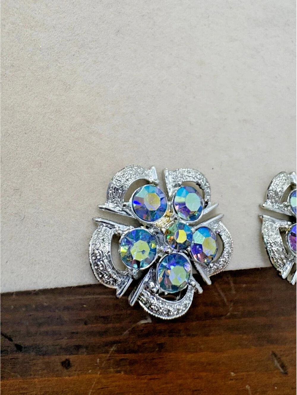 Vintage Coro Blue AB Rhinestone Silver Tone Flower Clip Earrings